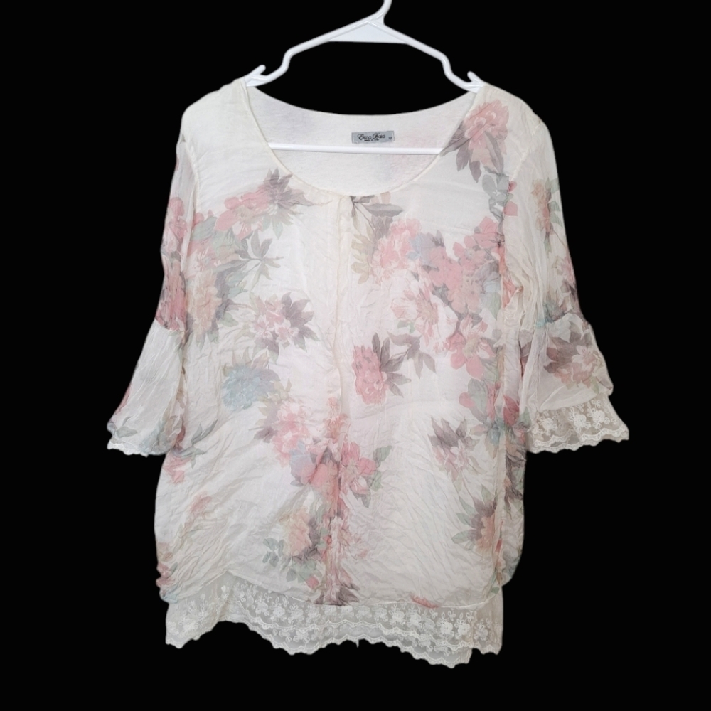 Elena Baldi 100% Silk Cream Floral Lace Trim Girly Lightweight Blouse Size M